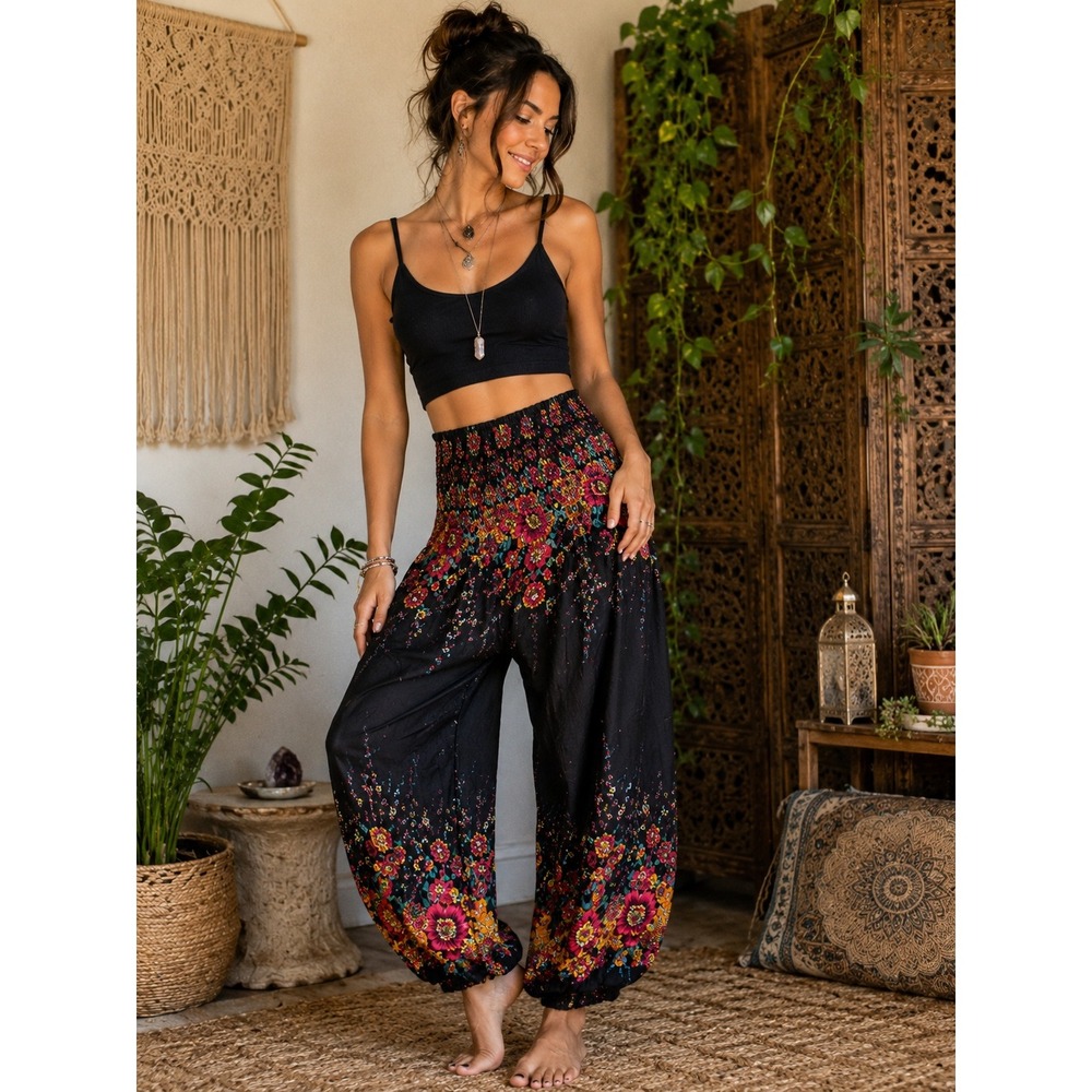 Harem Pants Black Floral Smocked Waist Boho Yoga Rayon Trousers One Size